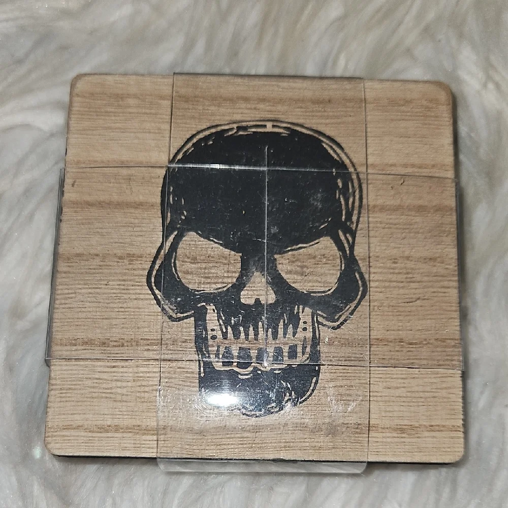 Set of 4 Wooden Skull Coasters | HomeGoods | Distressed Black Edging | New